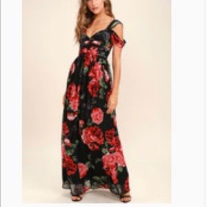 Black floral print maxi dress from Lulus